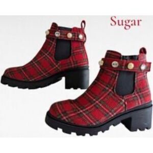Sugar Plaid Embellished Chunky Heel Chelsea Boots Women Size 5.5m